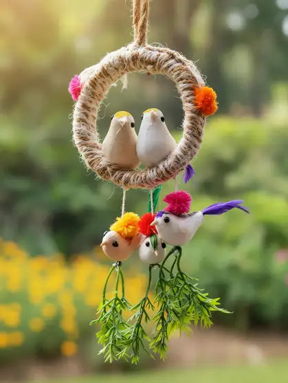 MegaValue HQ Artificial Birds with Hanging Nest for Home Decoration (Pack of 1) 23 cm Bird & Animal Showpiece (Jute, Multicolor)