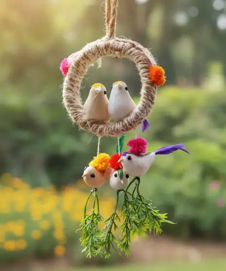 MegaValue HQ Artificial Birds with Hanging Nest for Home Decoration (Pack of 1) 23 cm Bird & Animal Showpiece (Jute, Multicolor)